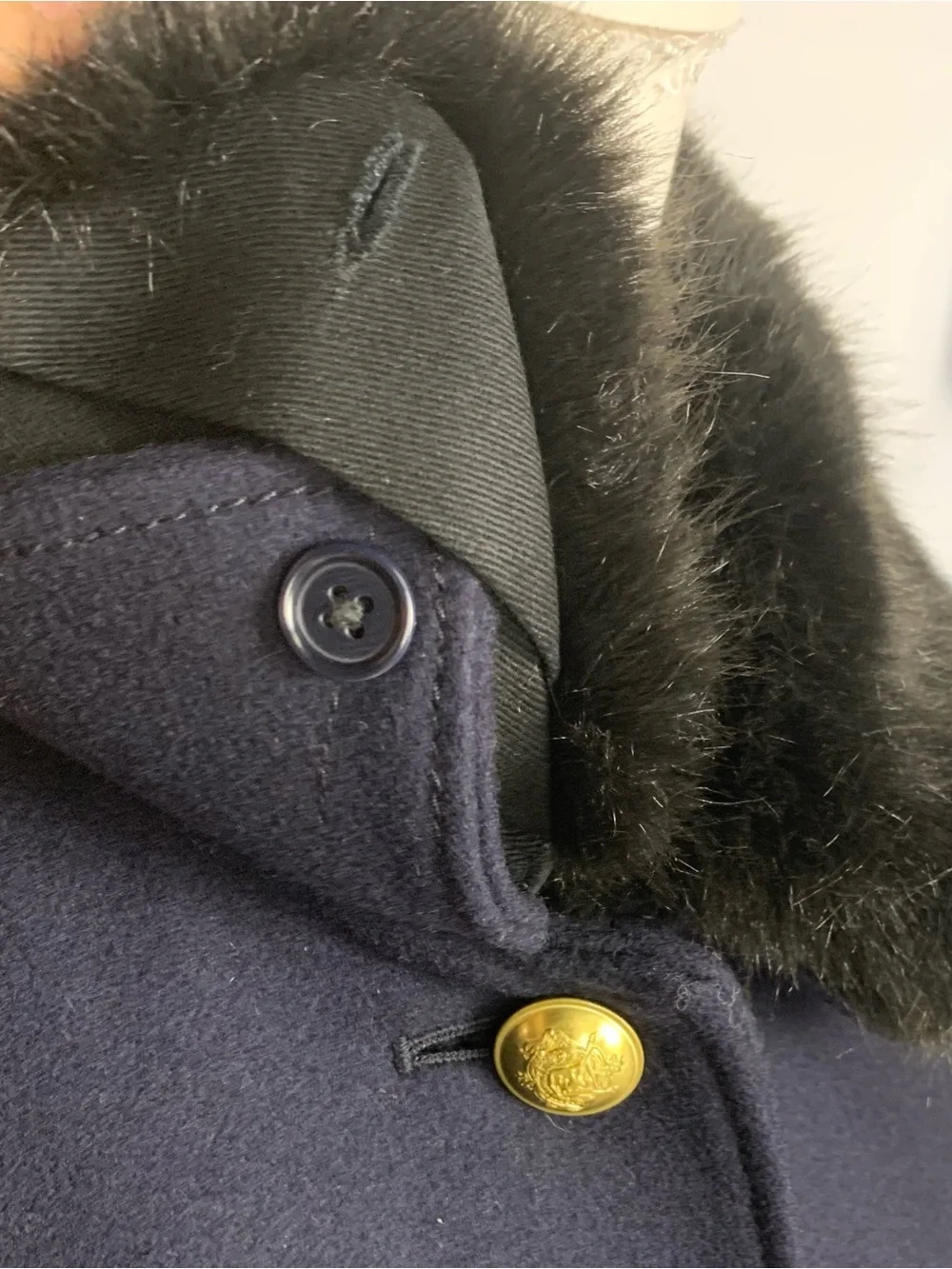J Crew Women 8 Melton Wool Coat Faux Fur Collar Gold Crest Buttons Navy Overcoat
